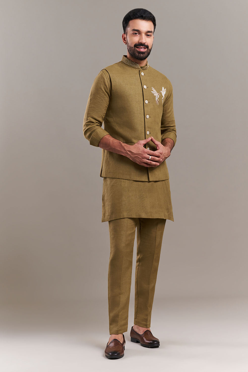 Olive Green Cotton Jute Bird Motif Kurta with Jacket