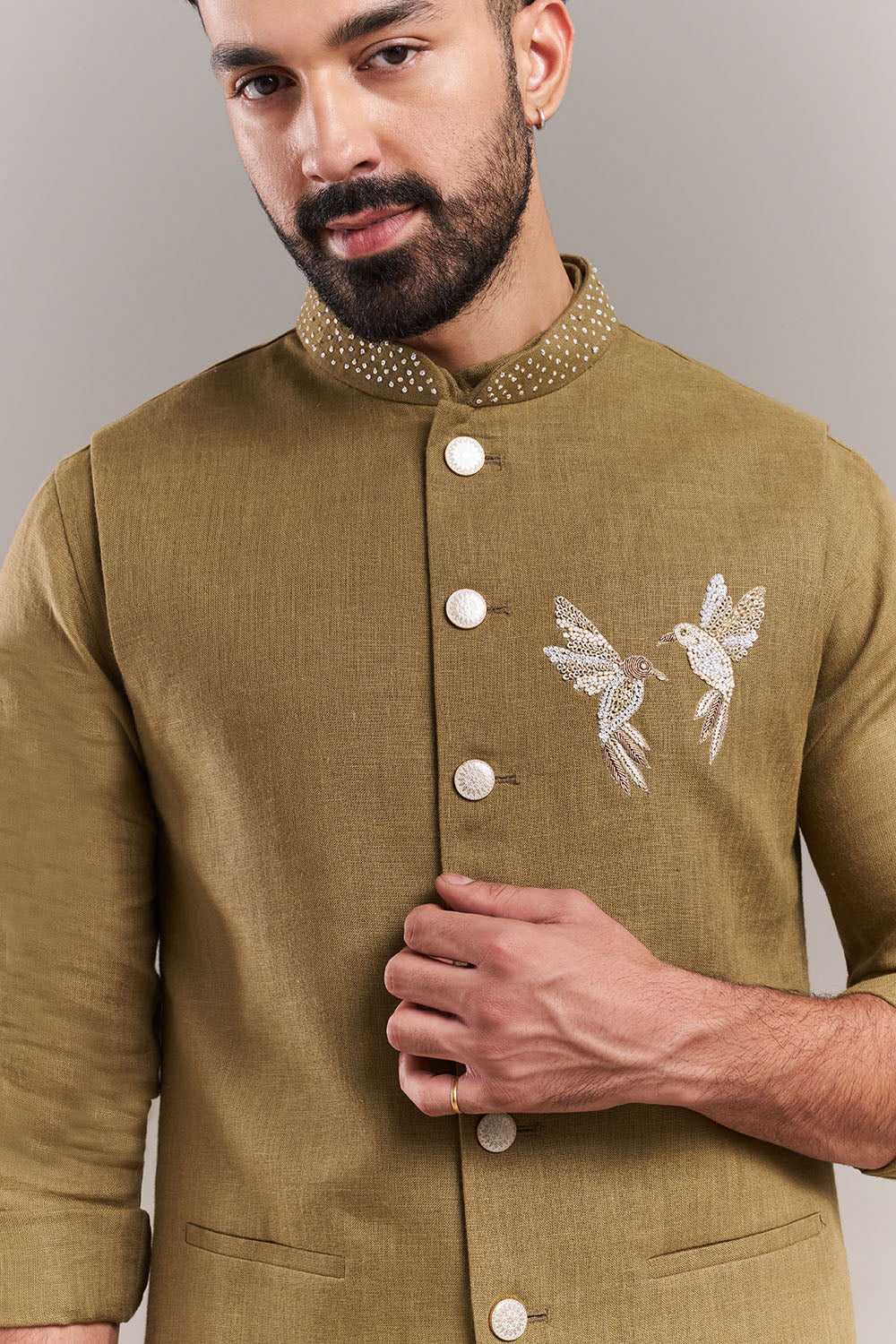 Olive Green Cotton Jute Bird Motif Kurta with Jacket