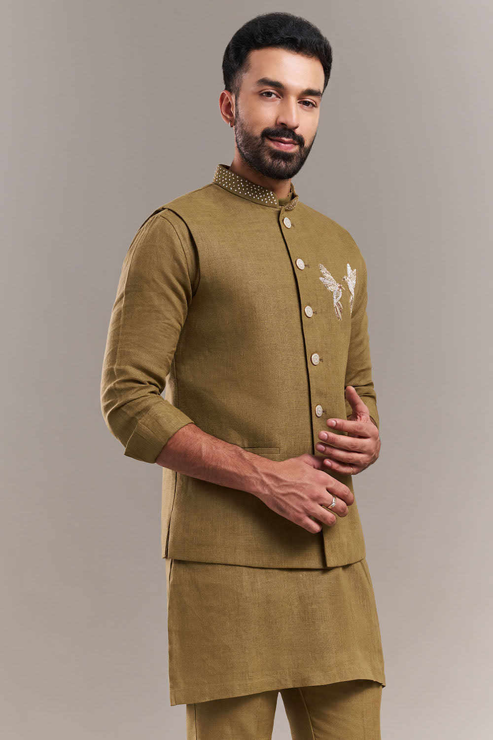 Olive Green Cotton Jute Bird Motif Kurta with Jacket