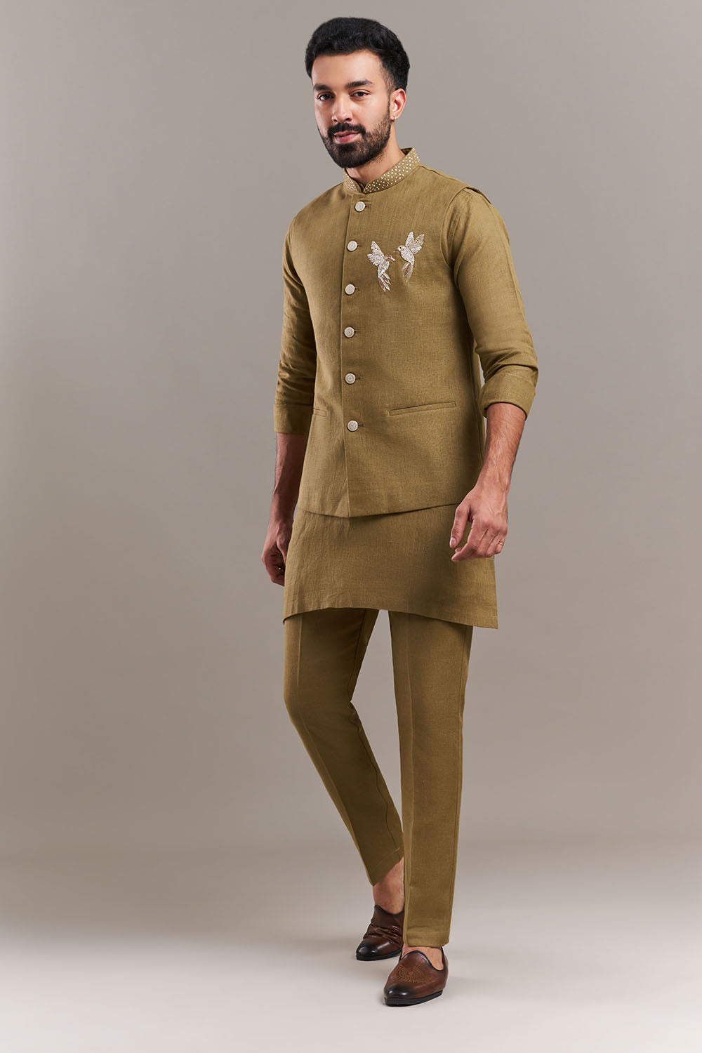 Olive Green Cotton Jute Bird Motif Kurta with Jacket