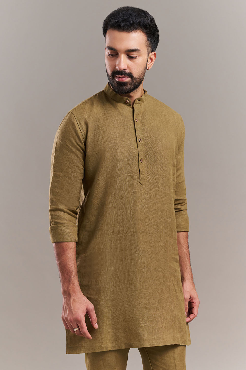 Olive Green Cotton Jute Bird Motif Kurta with Jacket