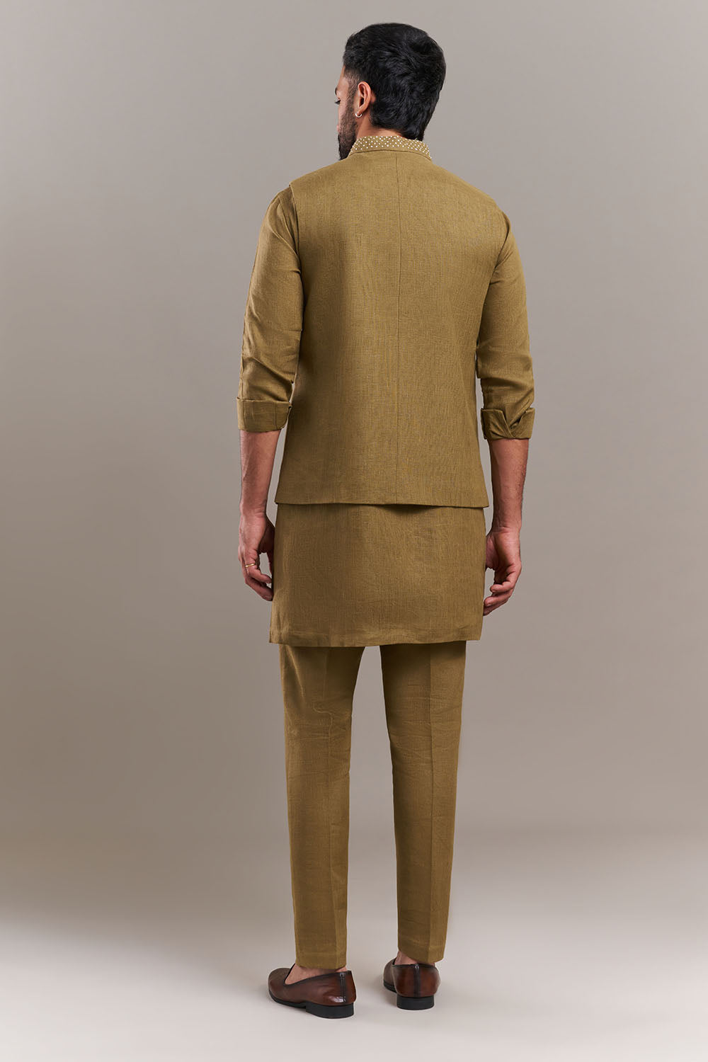 Olive Green Cotton Jute Bird Motif Kurta with Jacket