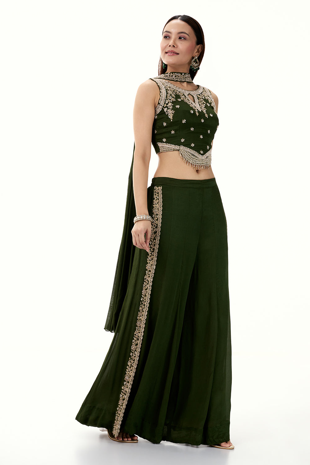 Olive Green Crepe Set with Zari and Cutdana Work