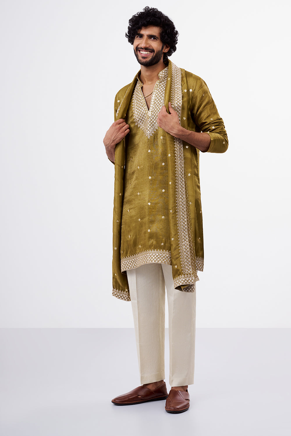 Olive Green Embellished Tissue Silk Men's Kurta Set