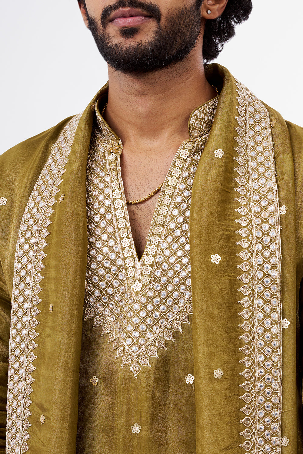 Olive Green Embellished Tissue Silk Men's Kurta Set