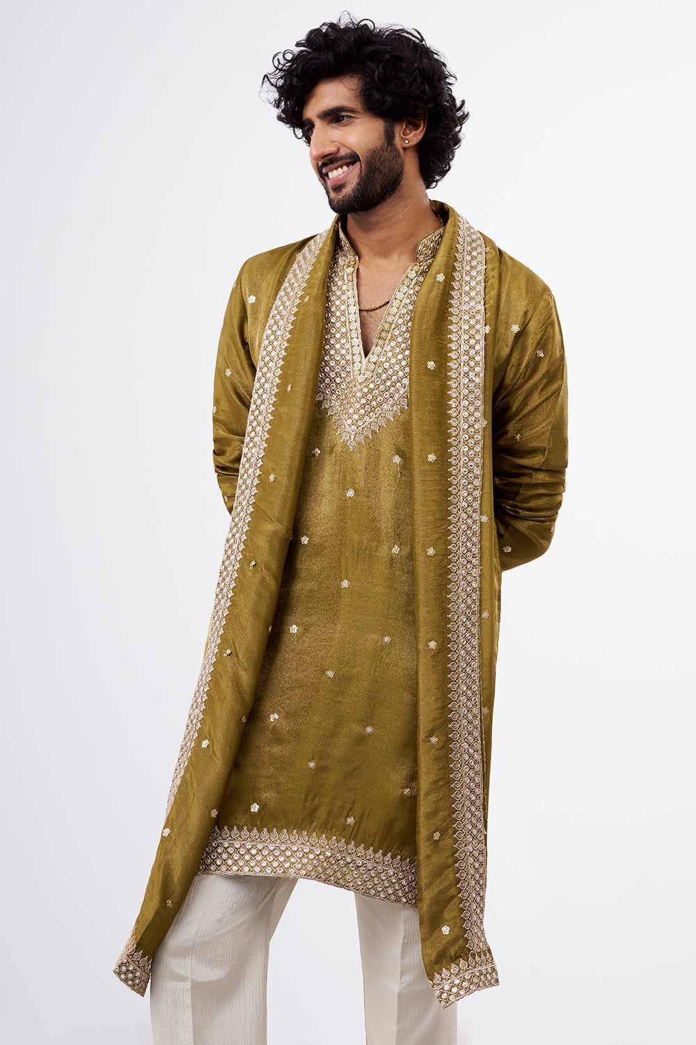 Olive Green Embellished Tissue Silk Men's Kurta Set