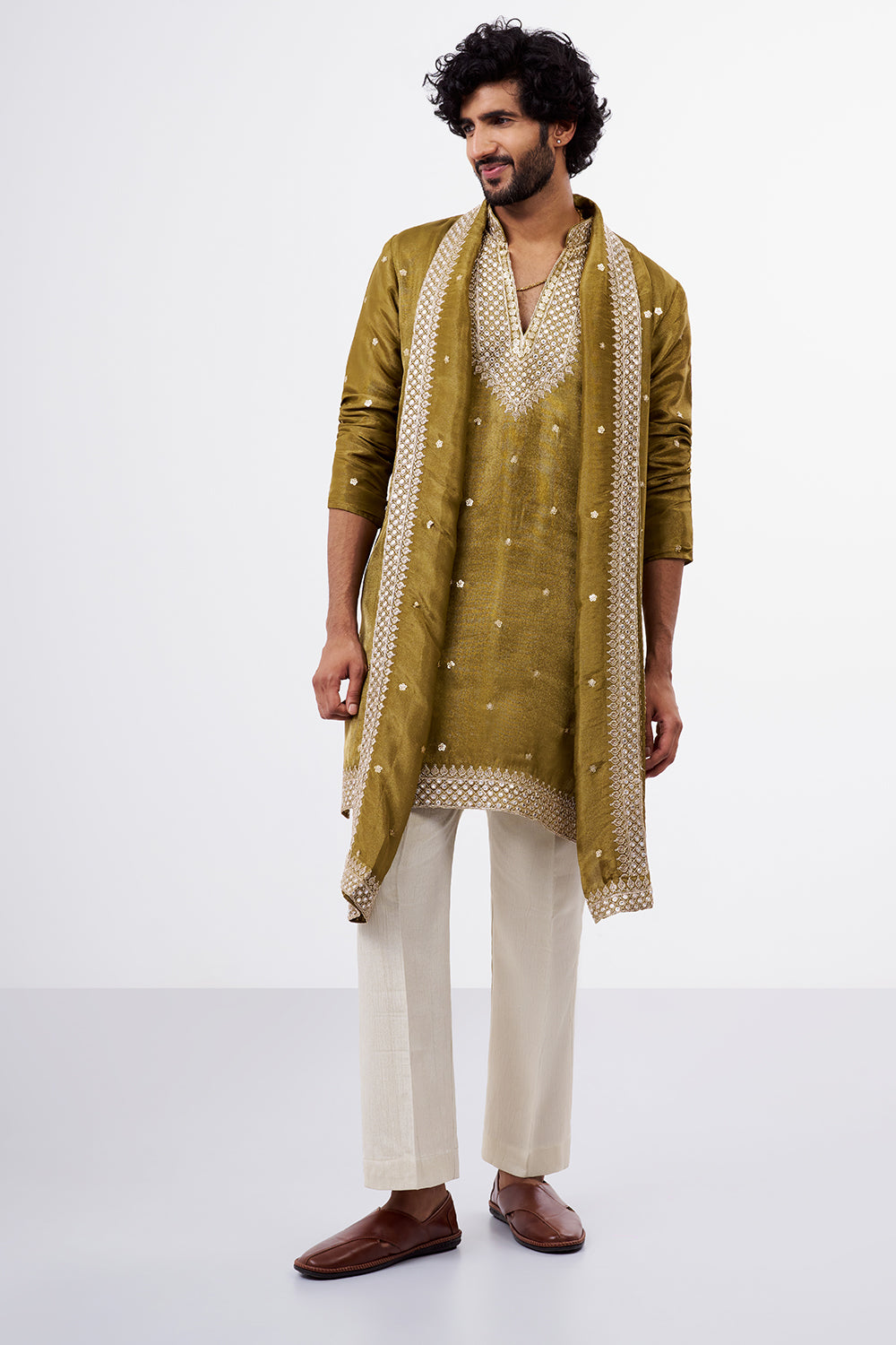 Olive Green Embellished Tissue Silk Men's Kurta Set