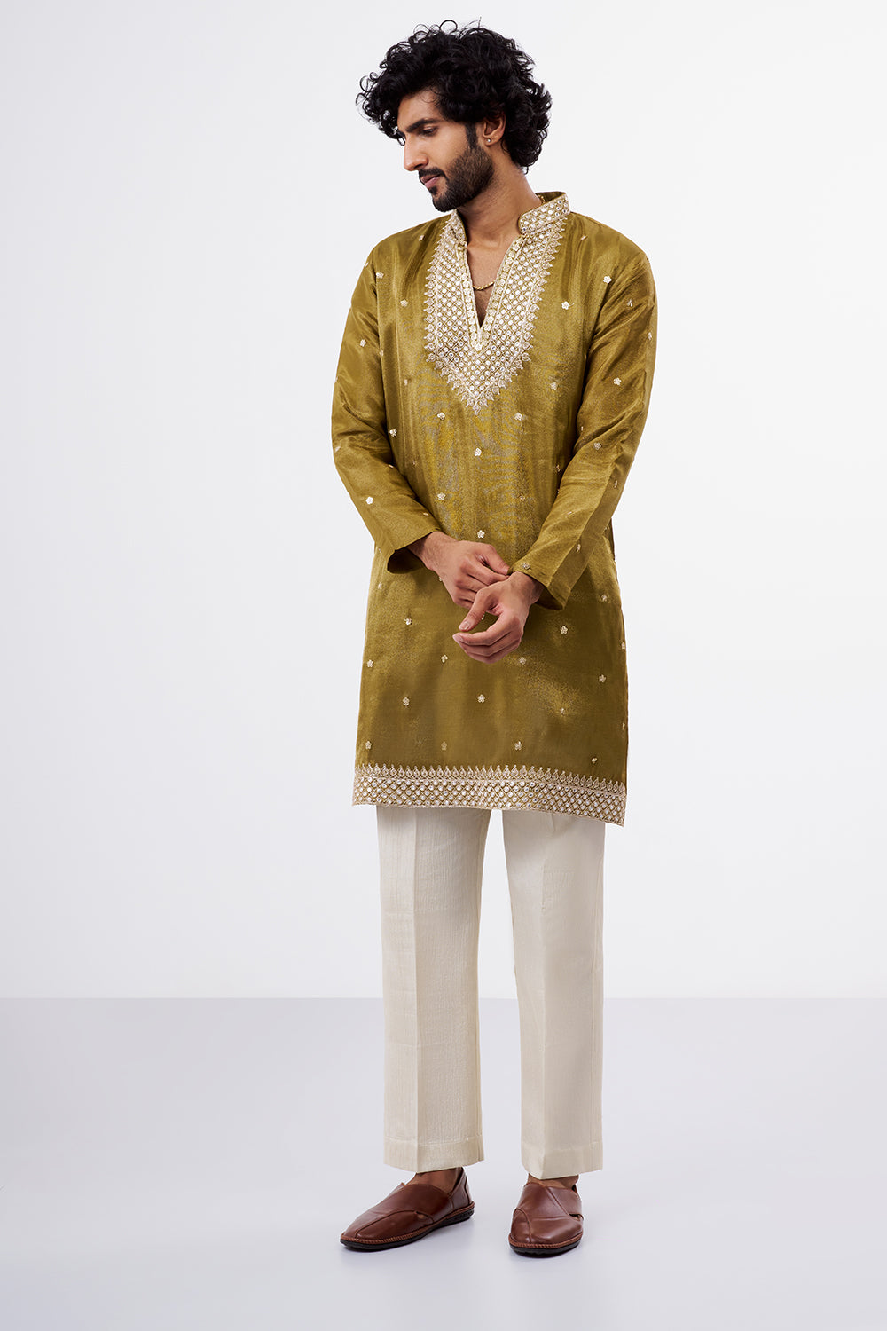 Olive Green Embellished Tissue Silk Men's Kurta Set
