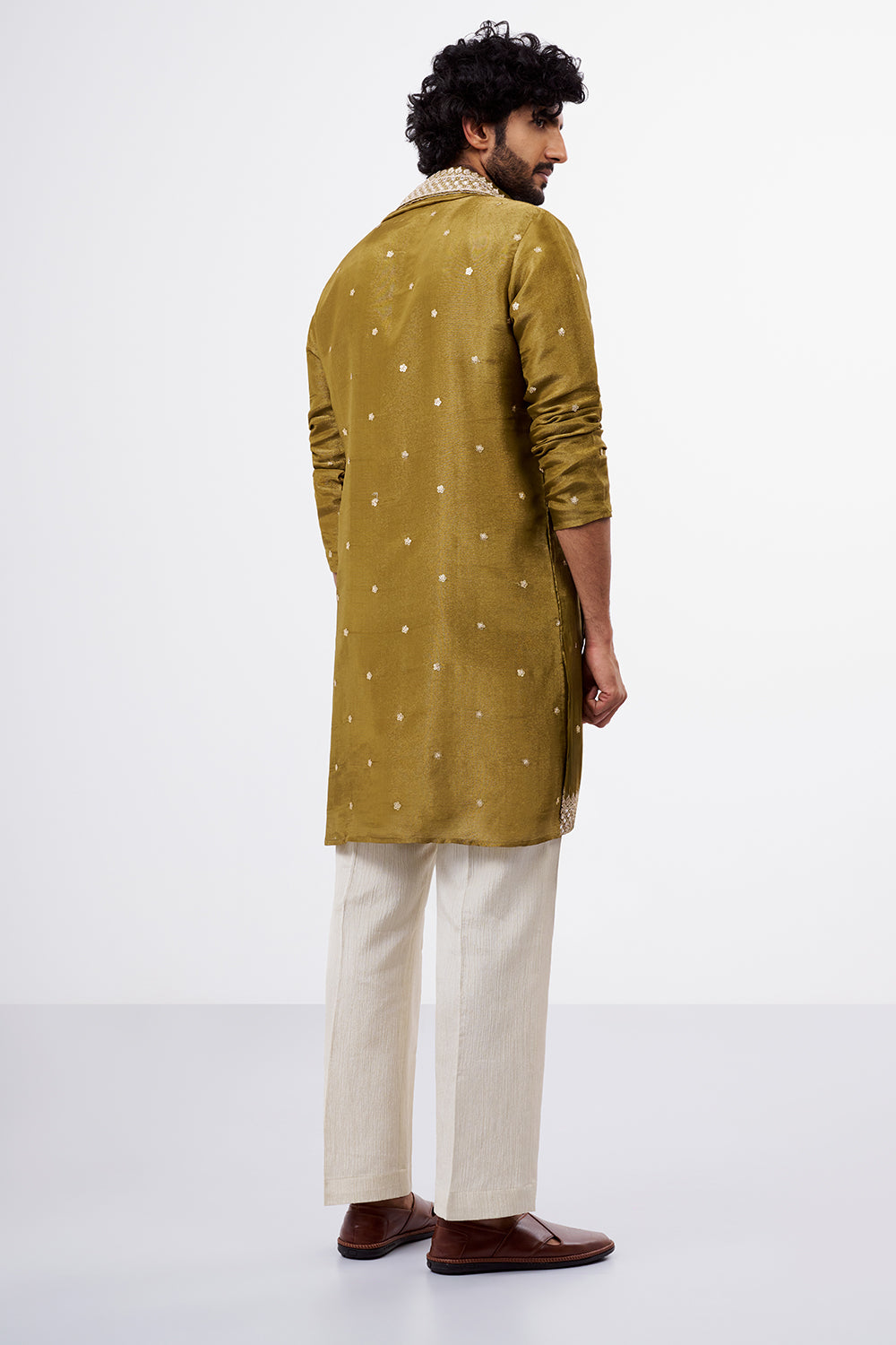 Olive Green Embellished Tissue Silk Men's Kurta Set