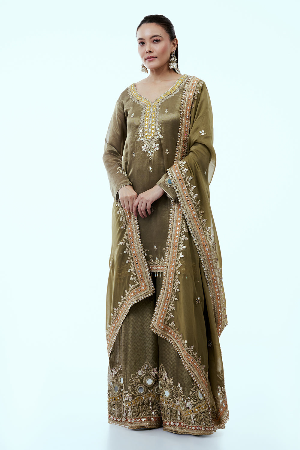Olive Green Shimmer Silk Palazzo Suit Set with Mirror and Gota Work