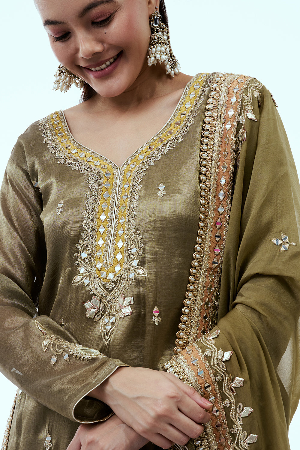 Olive Green Shimmer Silk Palazzo Suit Set with Mirror and Gota Work