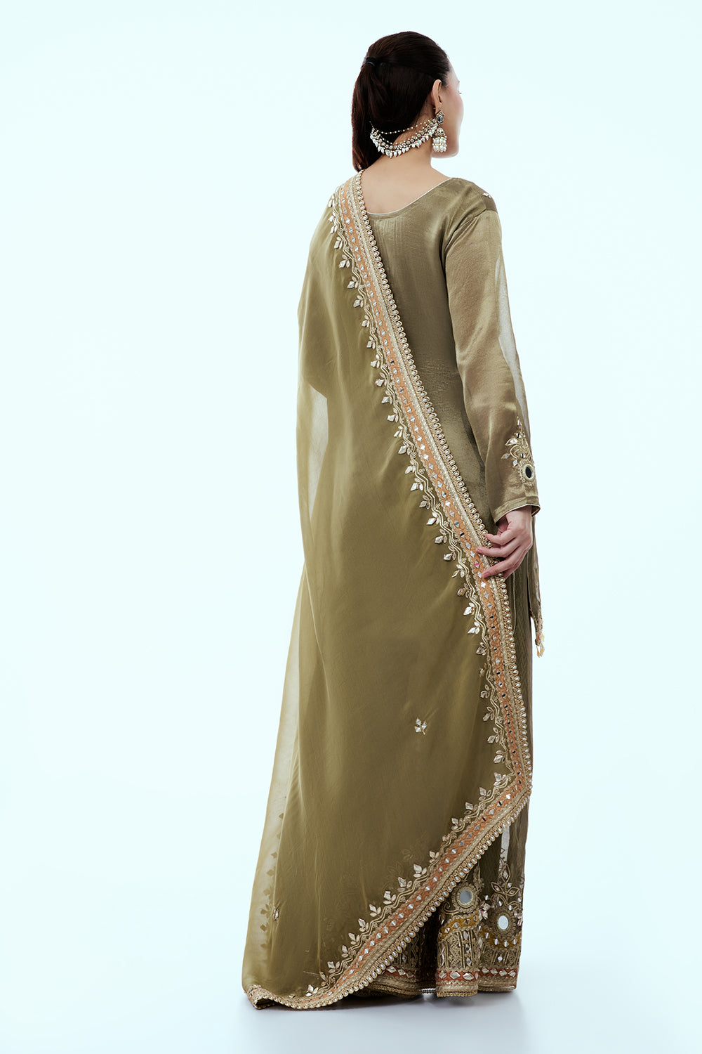 Olive Green Shimmer Silk Palazzo Suit Set with Mirror and Gota Work
