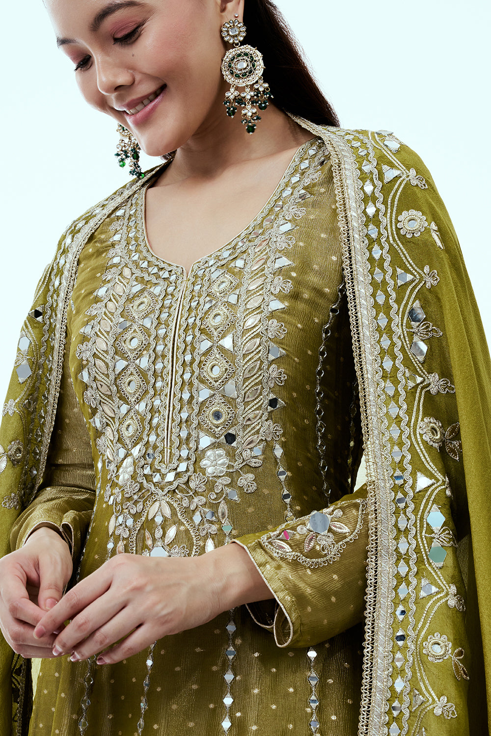 Olive Green Shimmer Tissue Sharara Set with Mirror and Gota Work