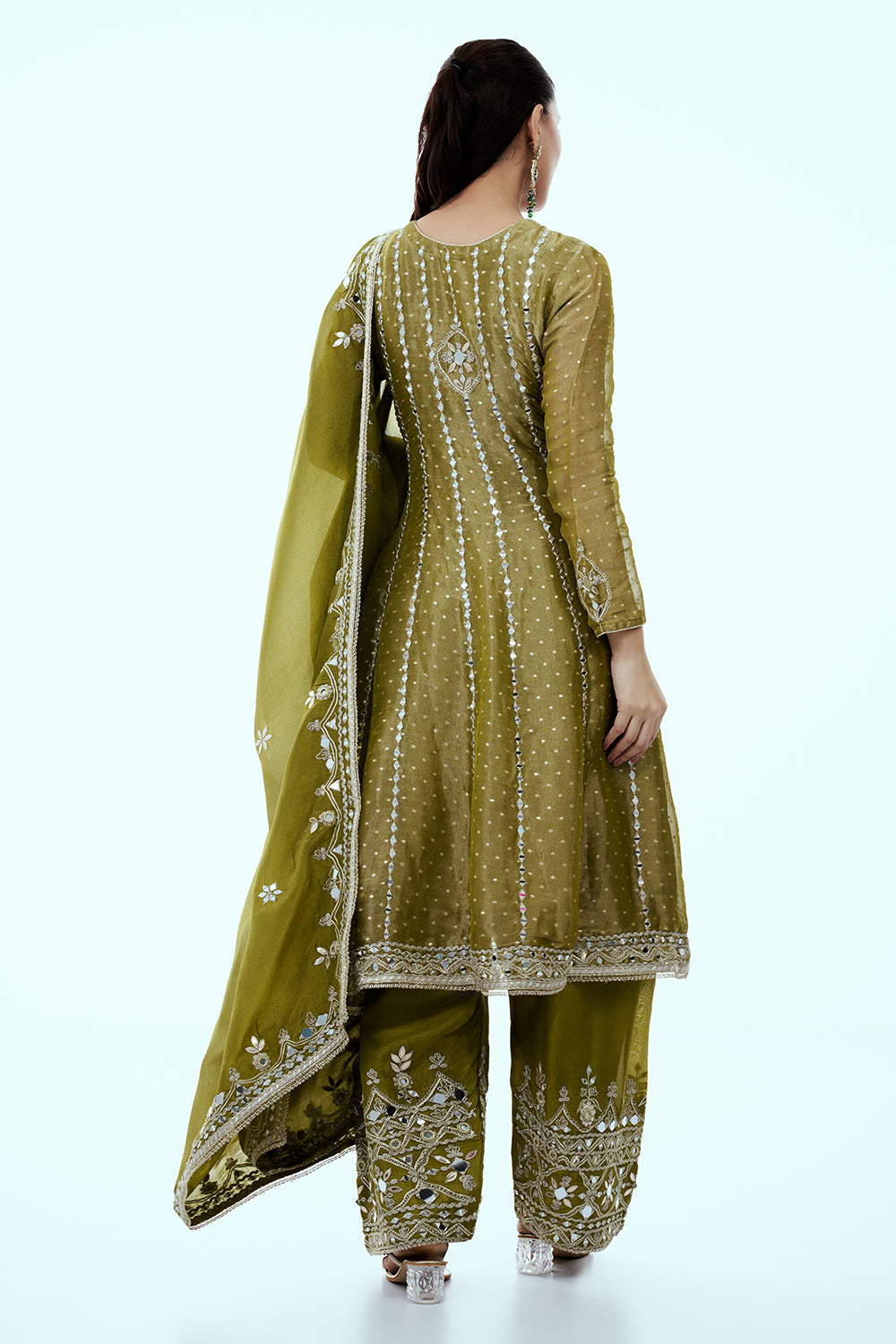Olive Green Shimmer Tissue Sharara Set with Mirror and Gota Work