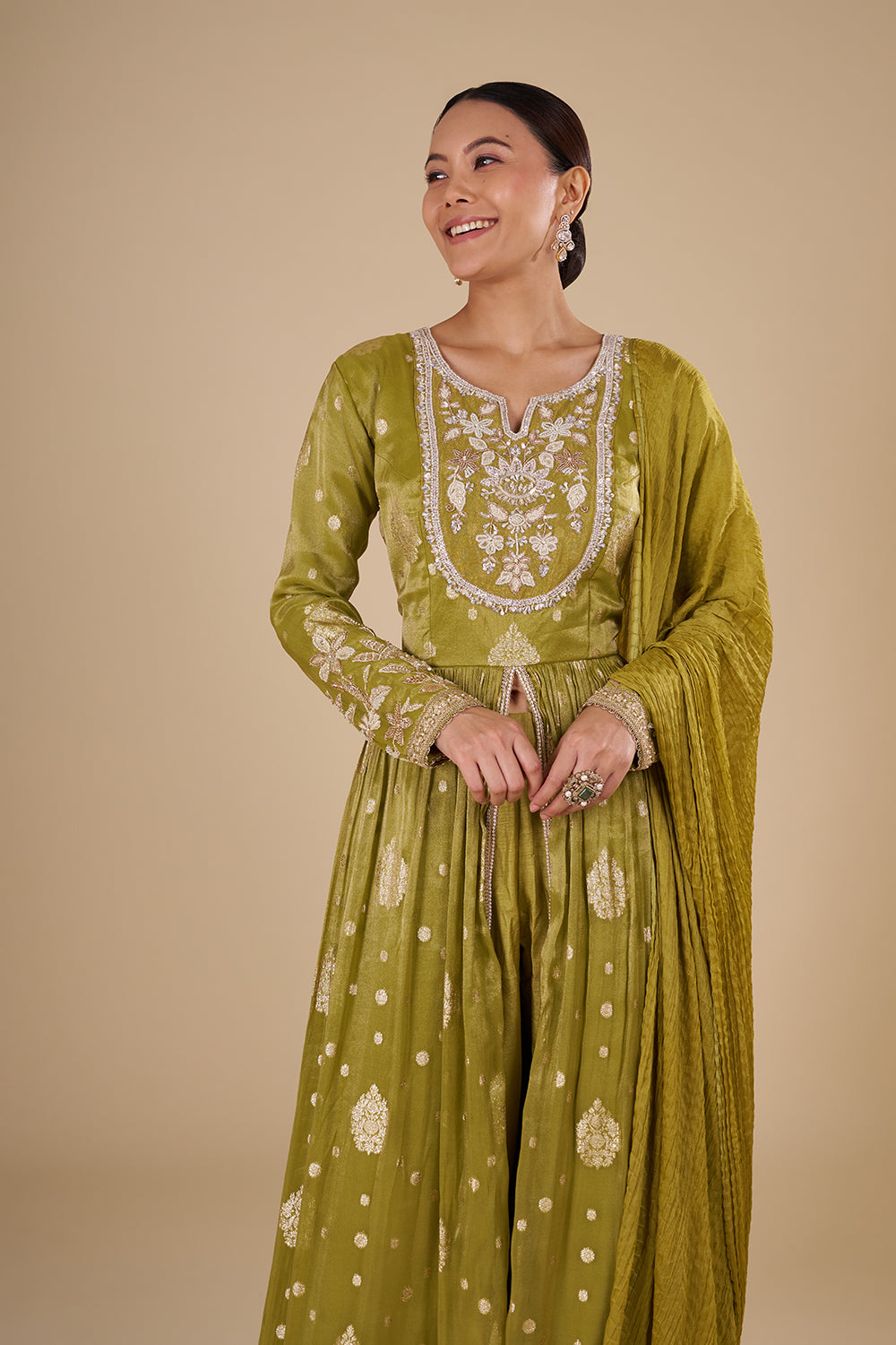 Olive Green Silk Blend Anarkali Set
