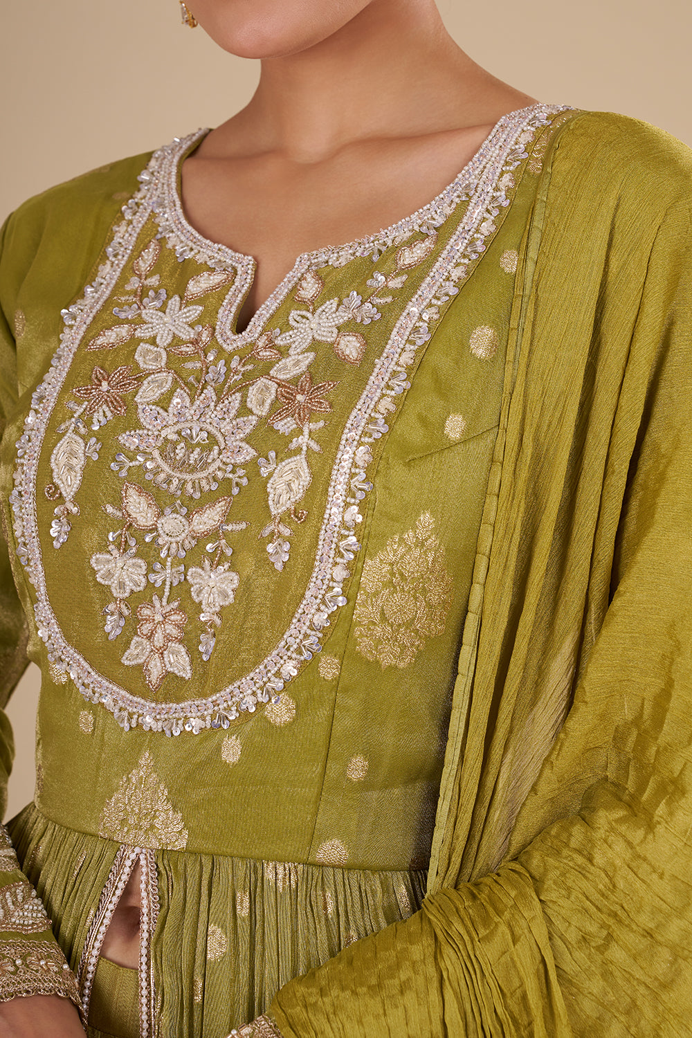 Olive Green Silk Blend Anarkali Set