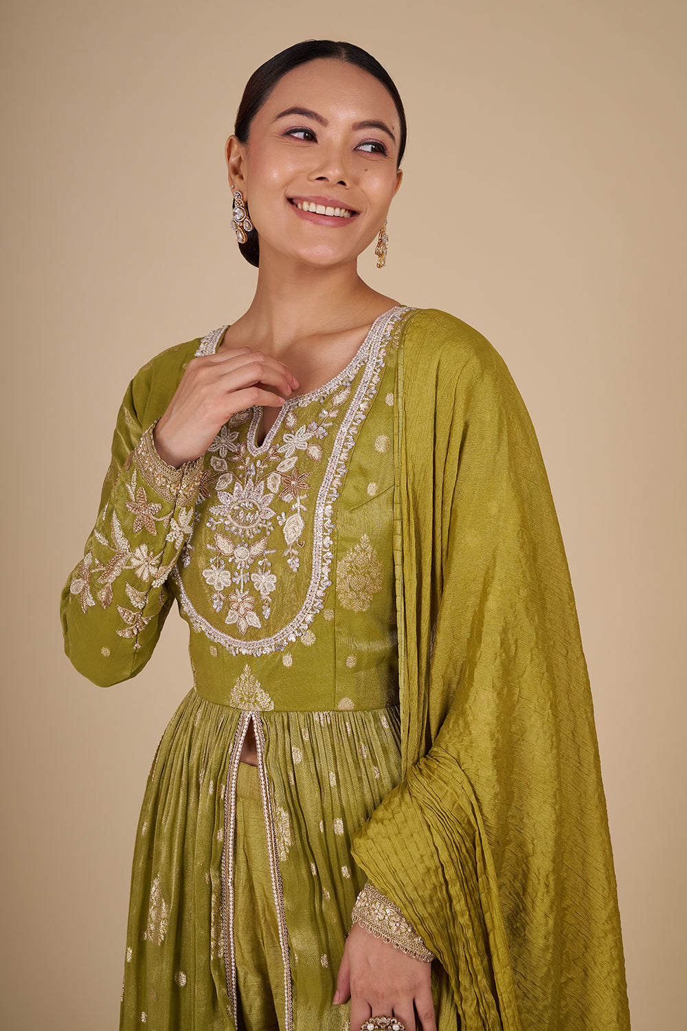 Olive Green Silk Blend Anarkali Set