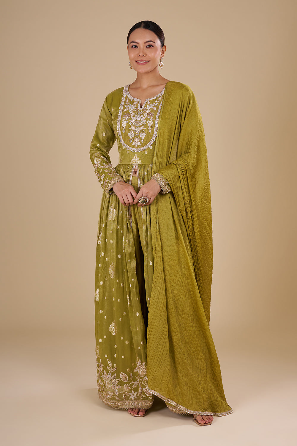 Olive Green Silk Blend Anarkali Set
