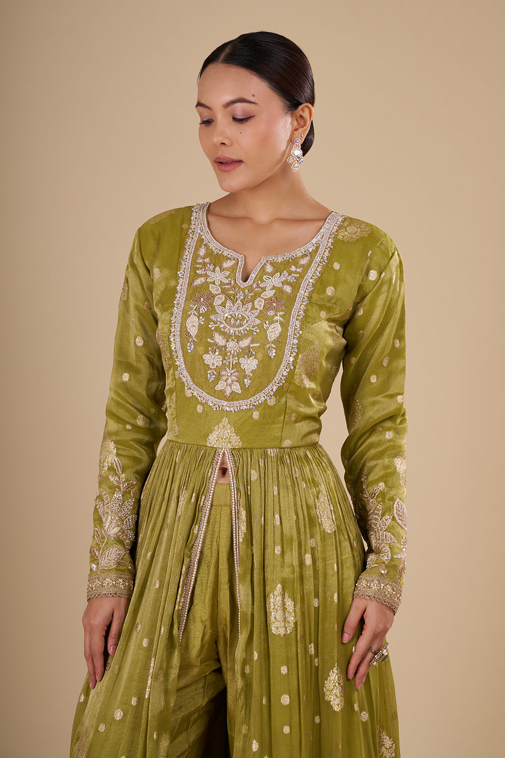 Olive Green Silk Blend Anarkali Set