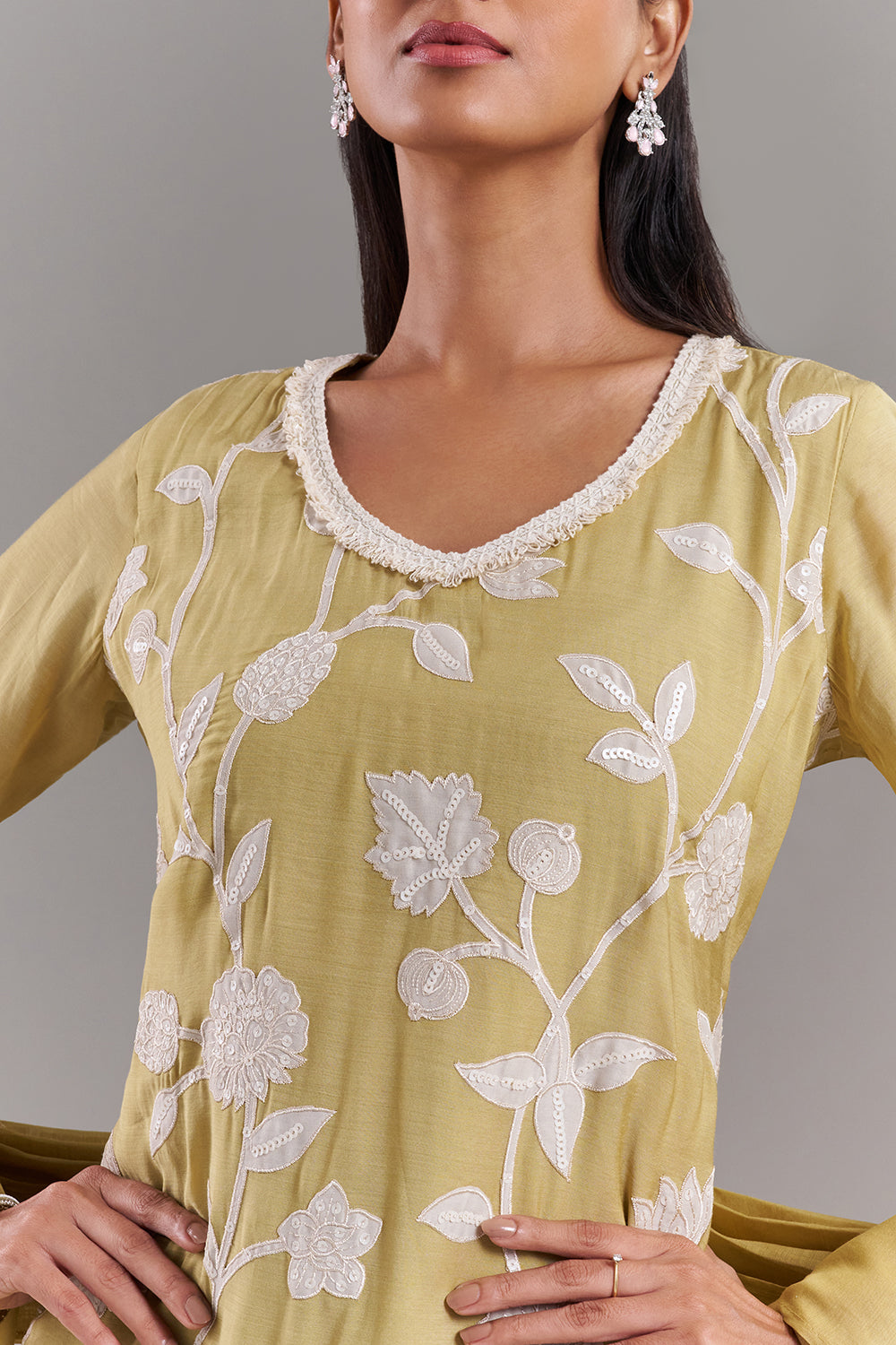 Olive Green Tissue Applique Kurta Set