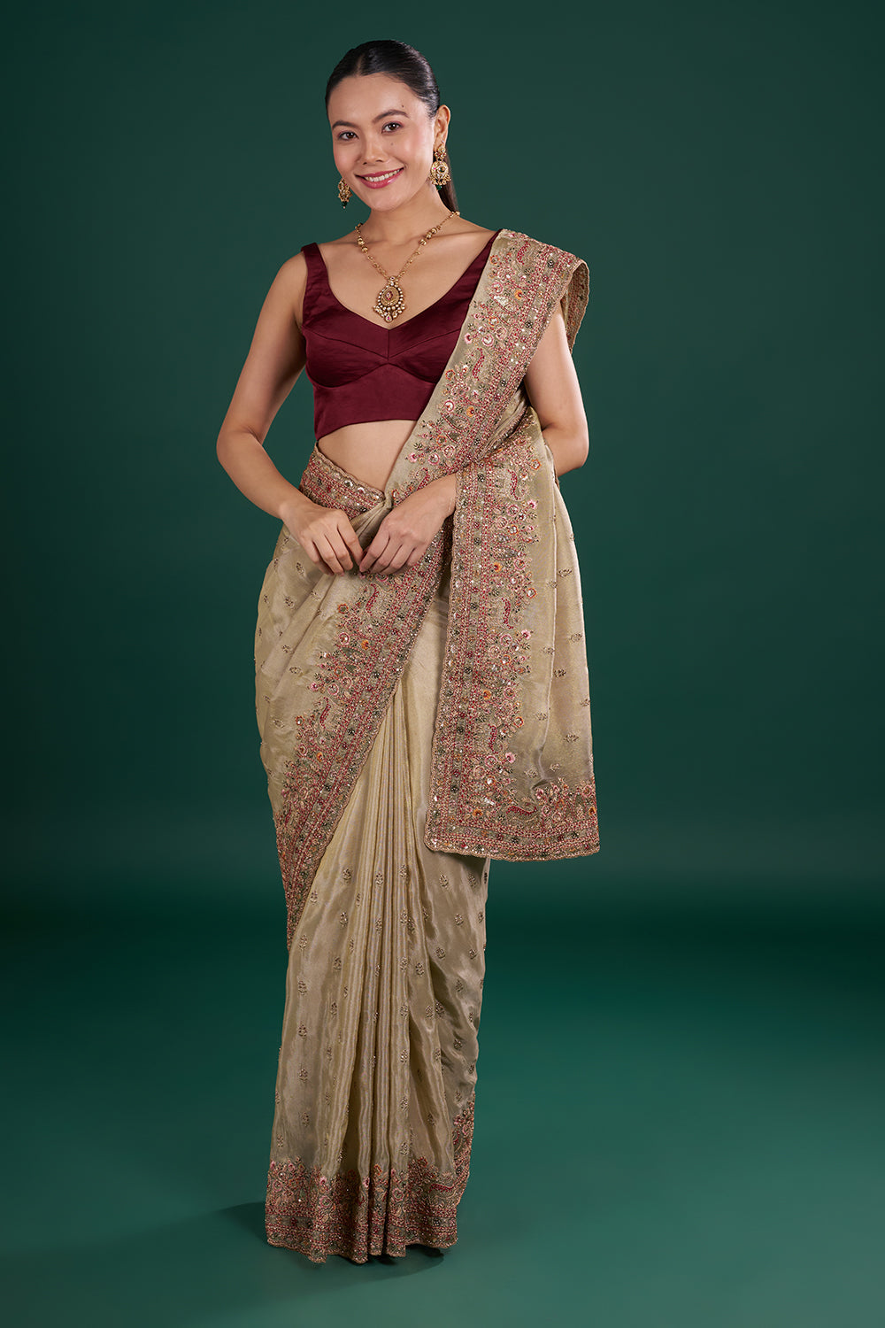 Olive Green Tissue Saree with Resham Embroidery and Unstitched Blouse