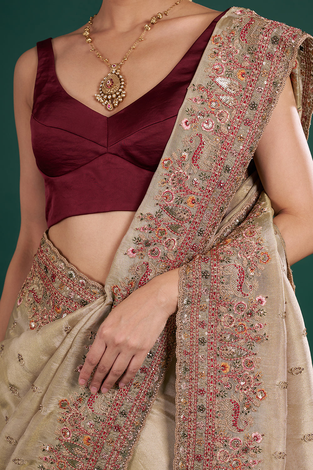 Olive Green Tissue Saree with Resham Embroidery and Unstitched Blouse