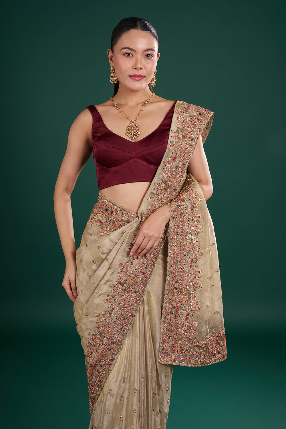 Olive Green Tissue Saree with Resham Embroidery and Unstitched Blouse