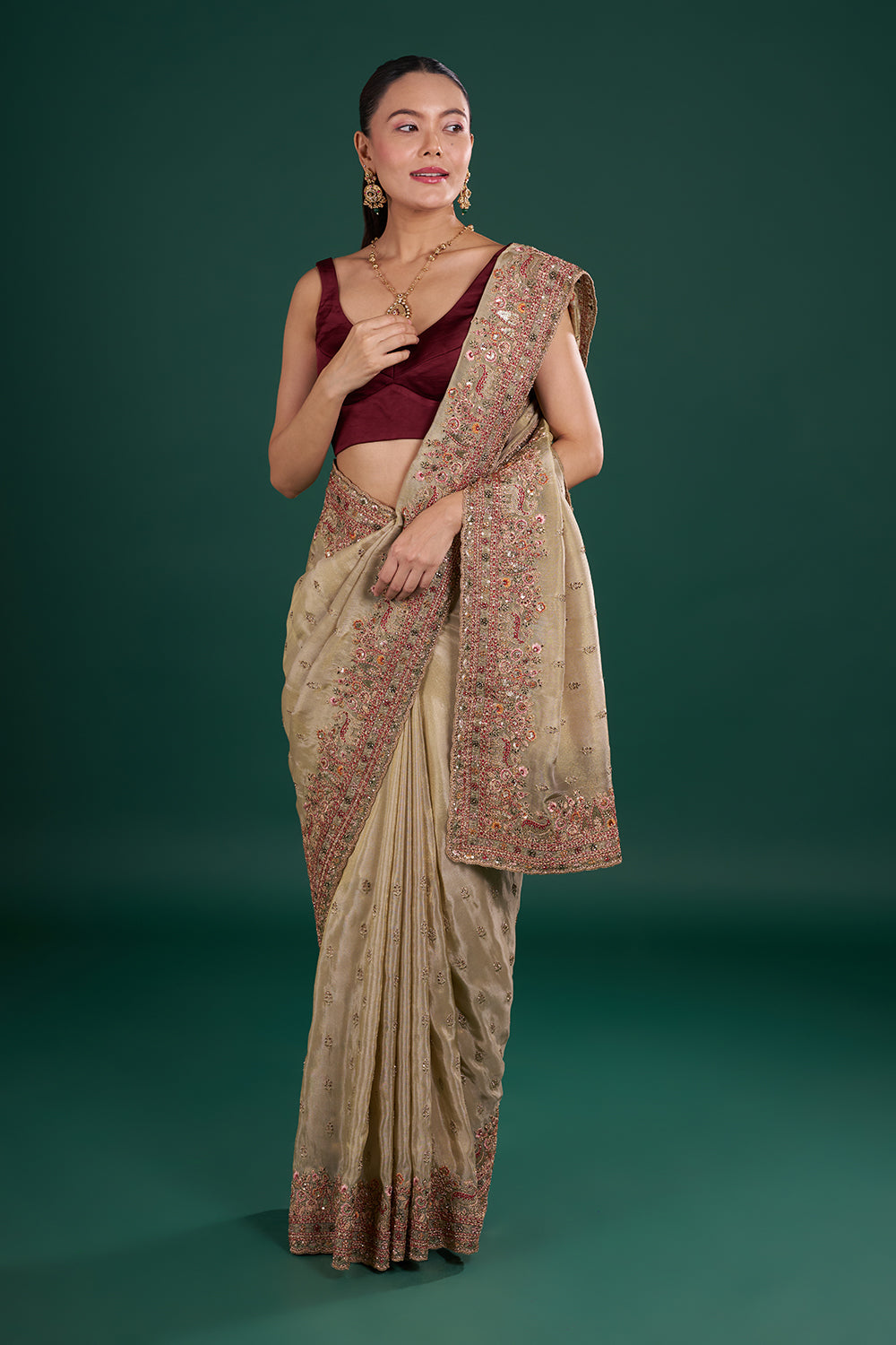 Olive Green Tissue Saree with Resham Embroidery and Unstitched Blouse