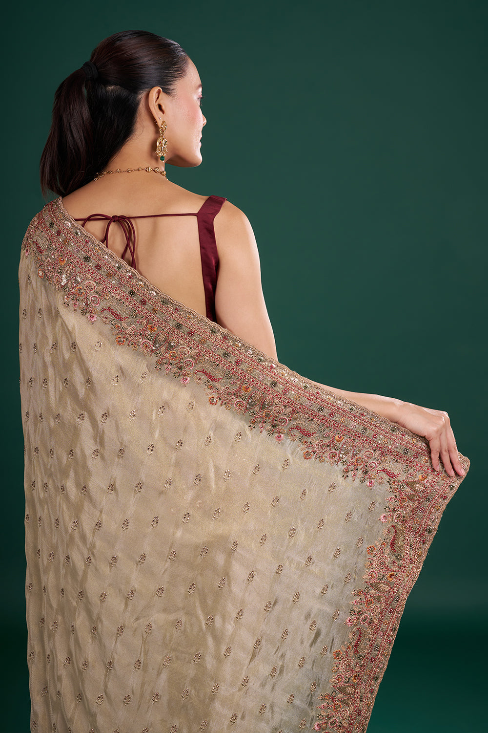 Olive Green Tissue Saree with Resham Embroidery and Unstitched Blouse