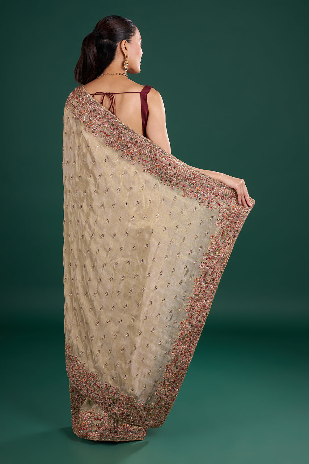 Olive Green Tissue Saree with Resham Embroidery and Unstitched Blouse