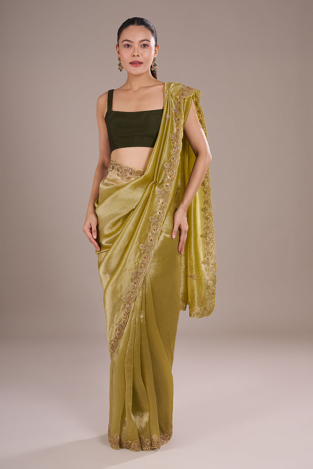 Olive Lime Shimmer Saree with Sequinned Border and Unstitched Blouse