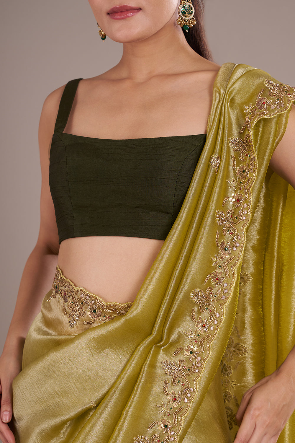 Olive Lime Shimmer Saree with Sequinned Border and Unstitched Blouse