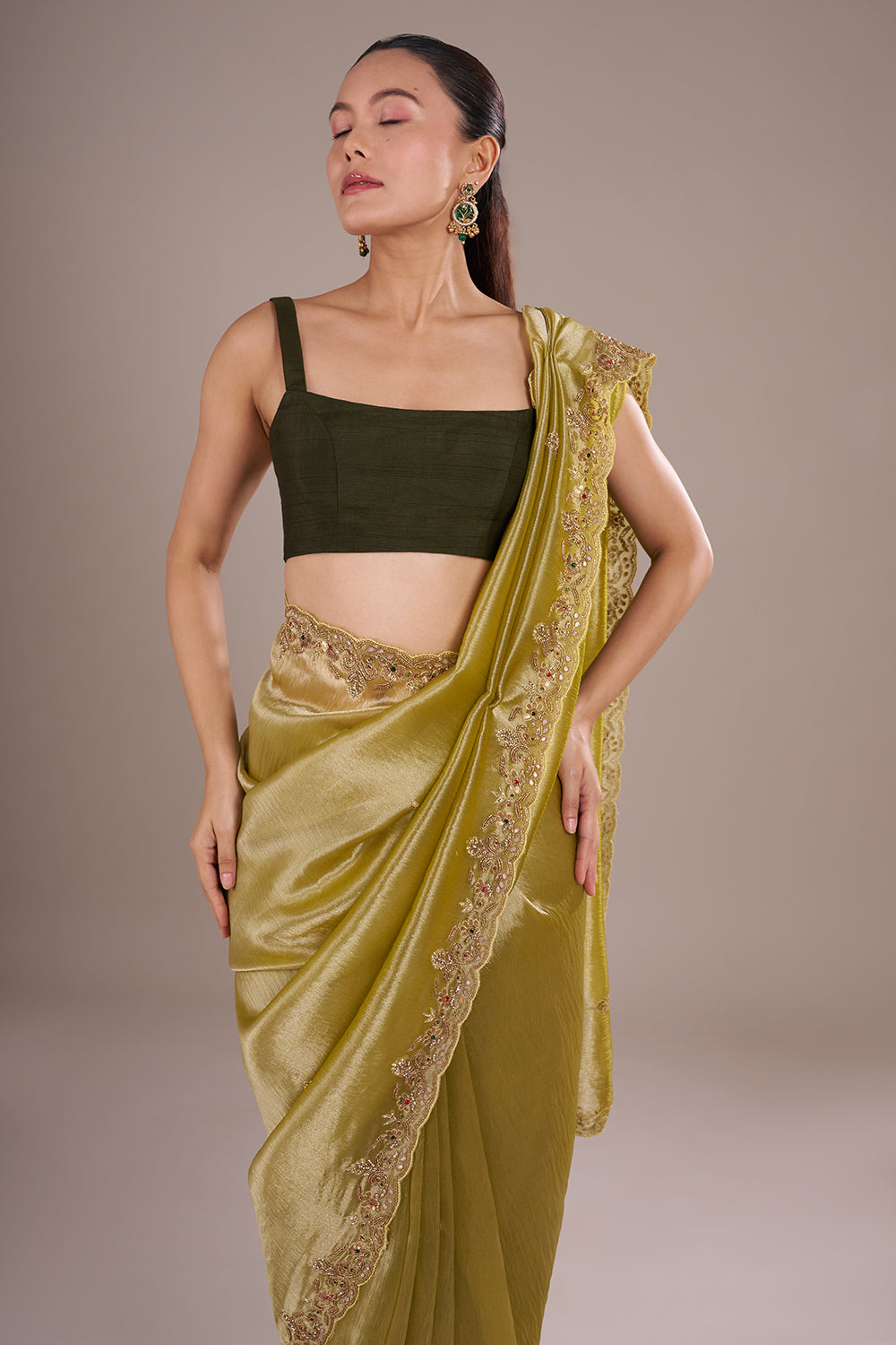 Olive Lime Shimmer Saree with Sequinned Border and Unstitched Blouse