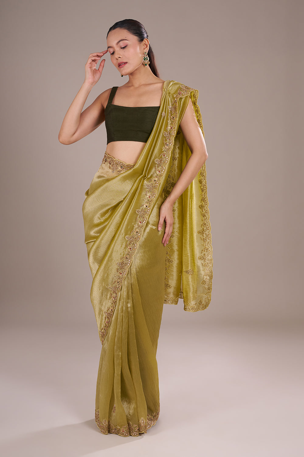 Olive Lime Shimmer Saree with Sequinned Border and Unstitched Blouse