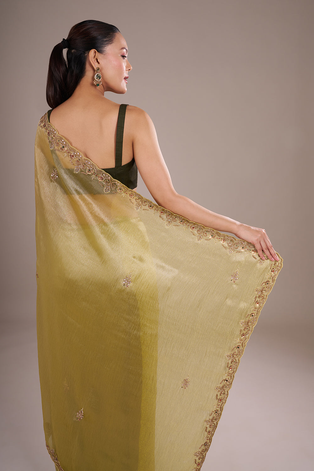 Olive Lime Shimmer Saree with Sequinned Border and Unstitched Blouse