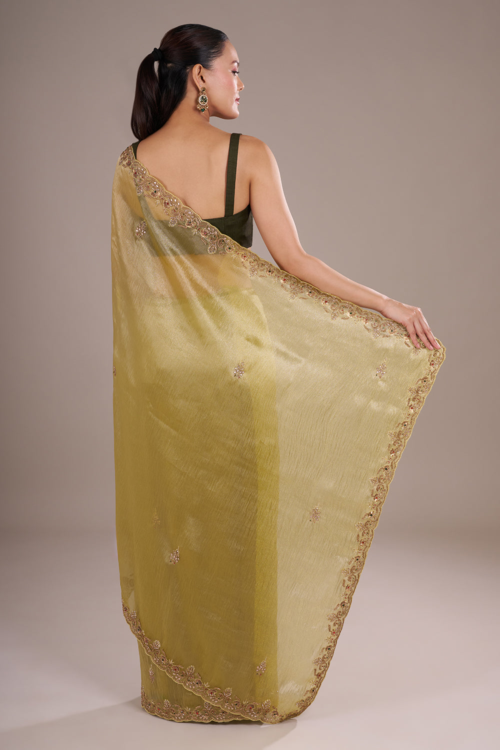 Olive Lime Shimmer Saree with Sequinned Border and Unstitched Blouse
