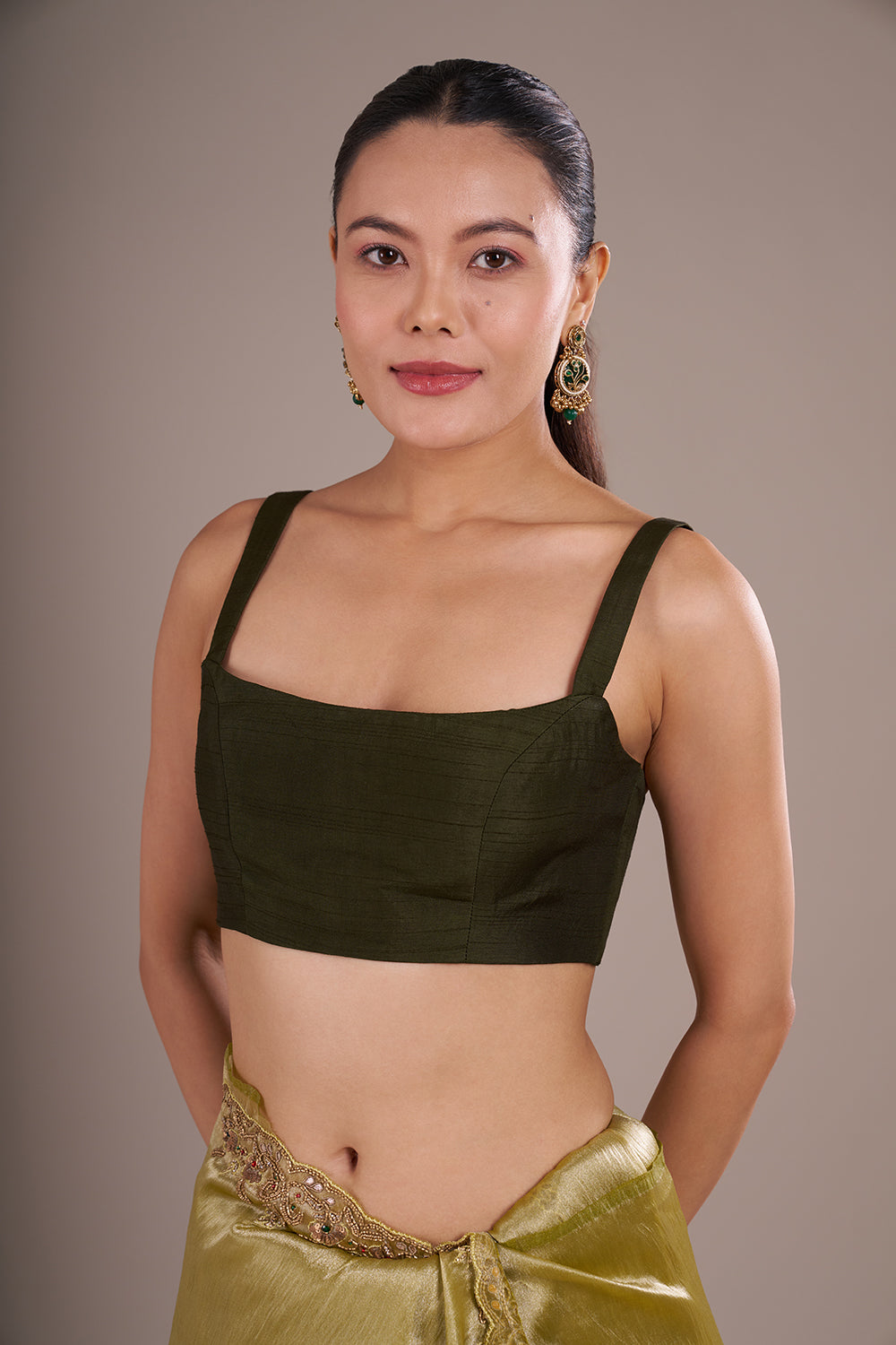 Olive Lime Shimmer Saree with Sequinned Border and Unstitched Blouse