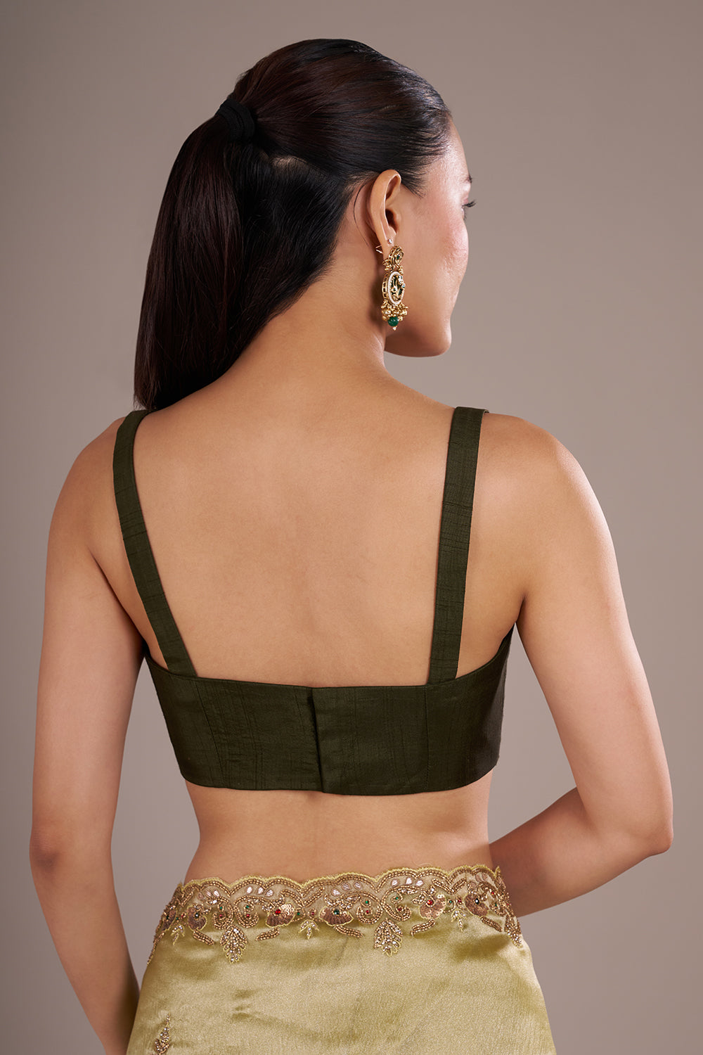 Olive Lime Shimmer Saree with Sequinned Border and Unstitched Blouse