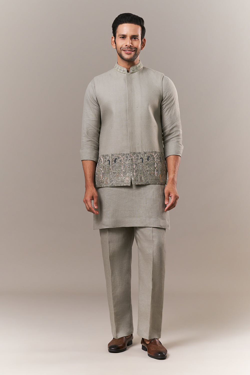 Olive Linen Mens Kurta Jacket Set with Cutdana and Sequins Work