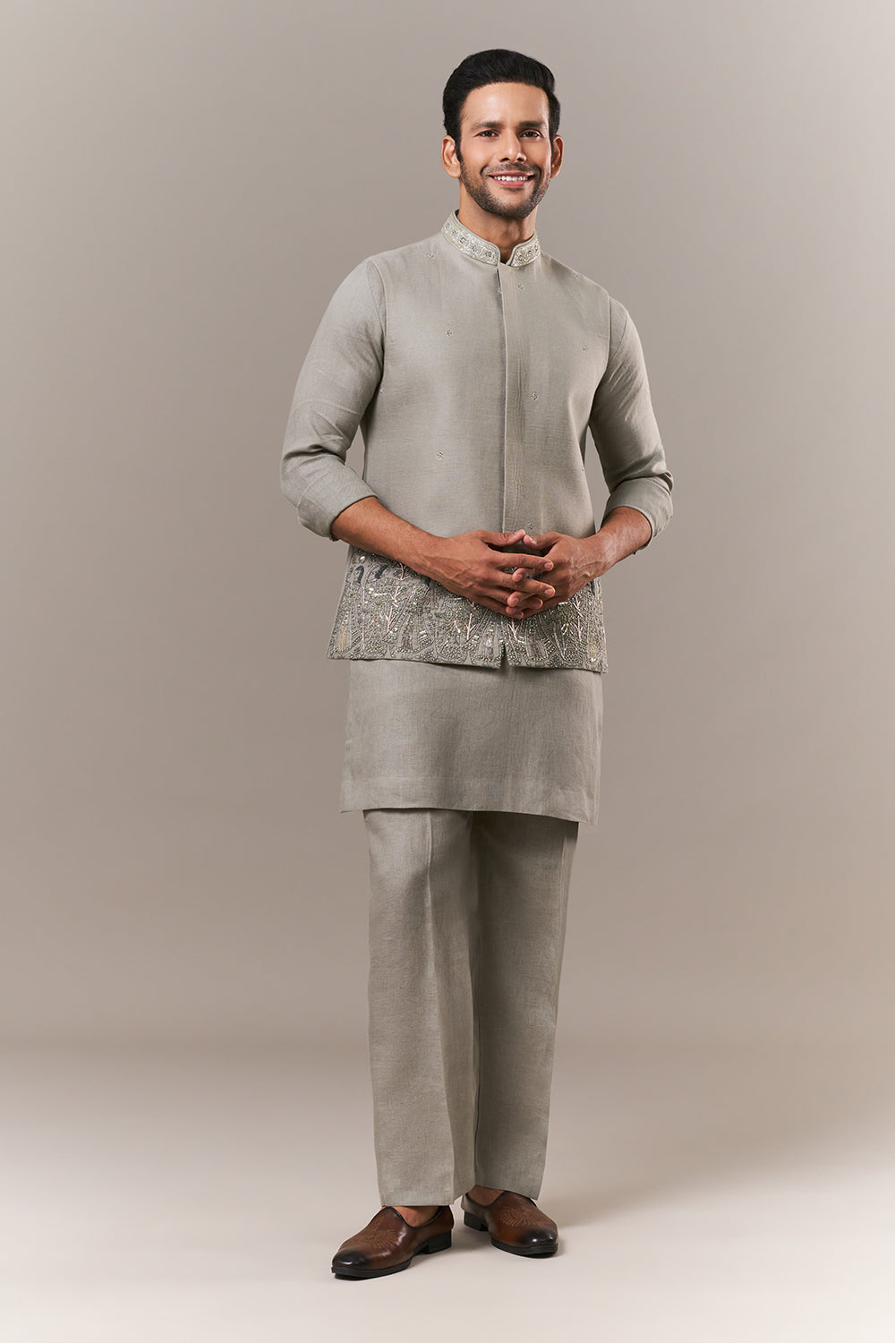 Olive Linen Mens Kurta Jacket Set with Cutdana and Sequins Work