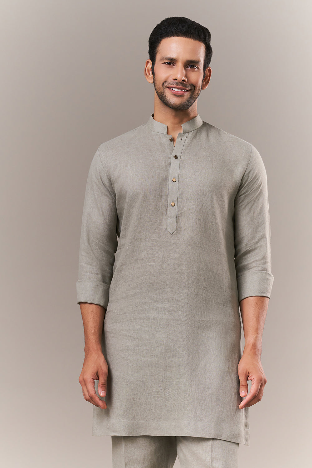 Olive Linen Mens Kurta Jacket Set with Cutdana and Sequins Work