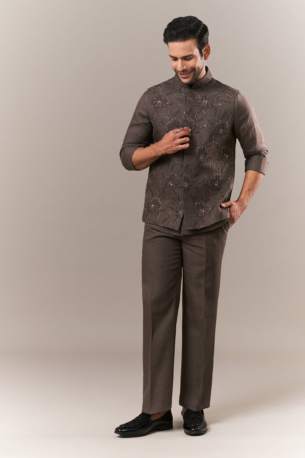 Olive Linen Short Mens Kurta Jacket Set with Cutdana and Sequins Work