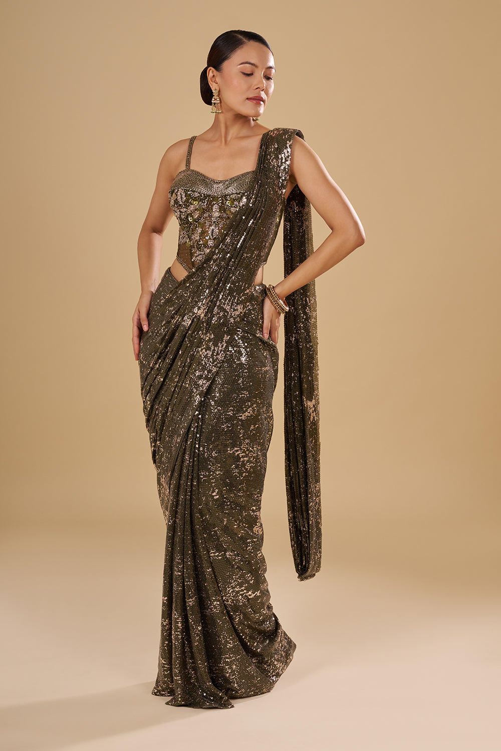 Olive Chiffon Saree with Cutdana Embroidered Blouse