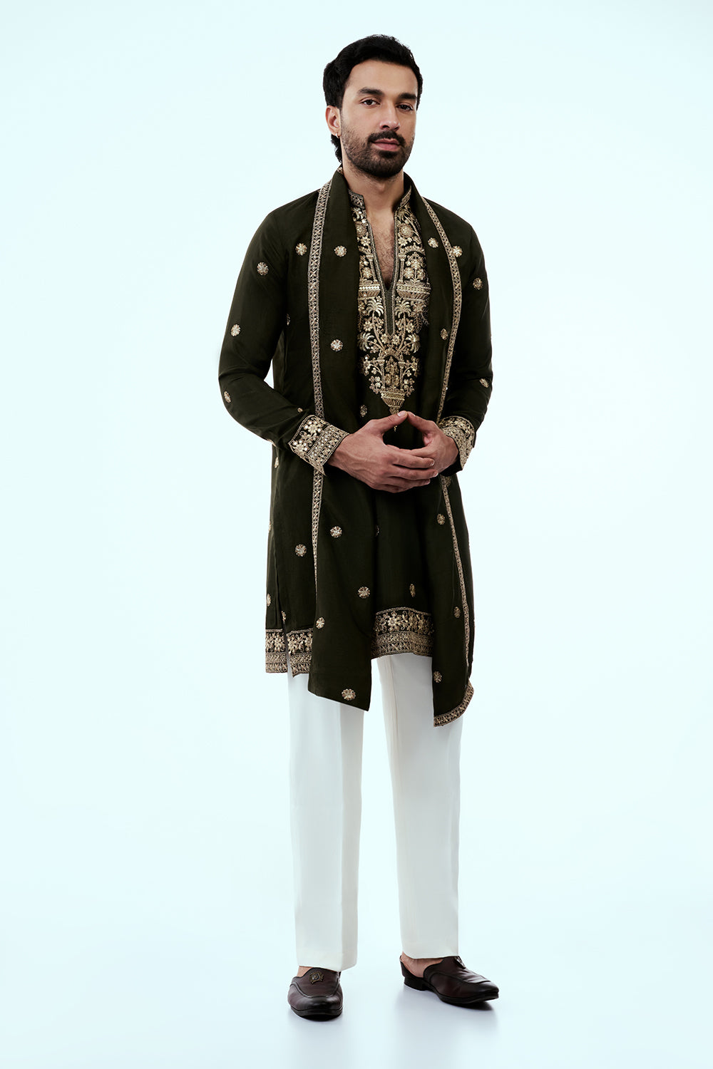 Olive Nokia Silk Mens Kurta Set with Mirror Work and Zari Embroidery