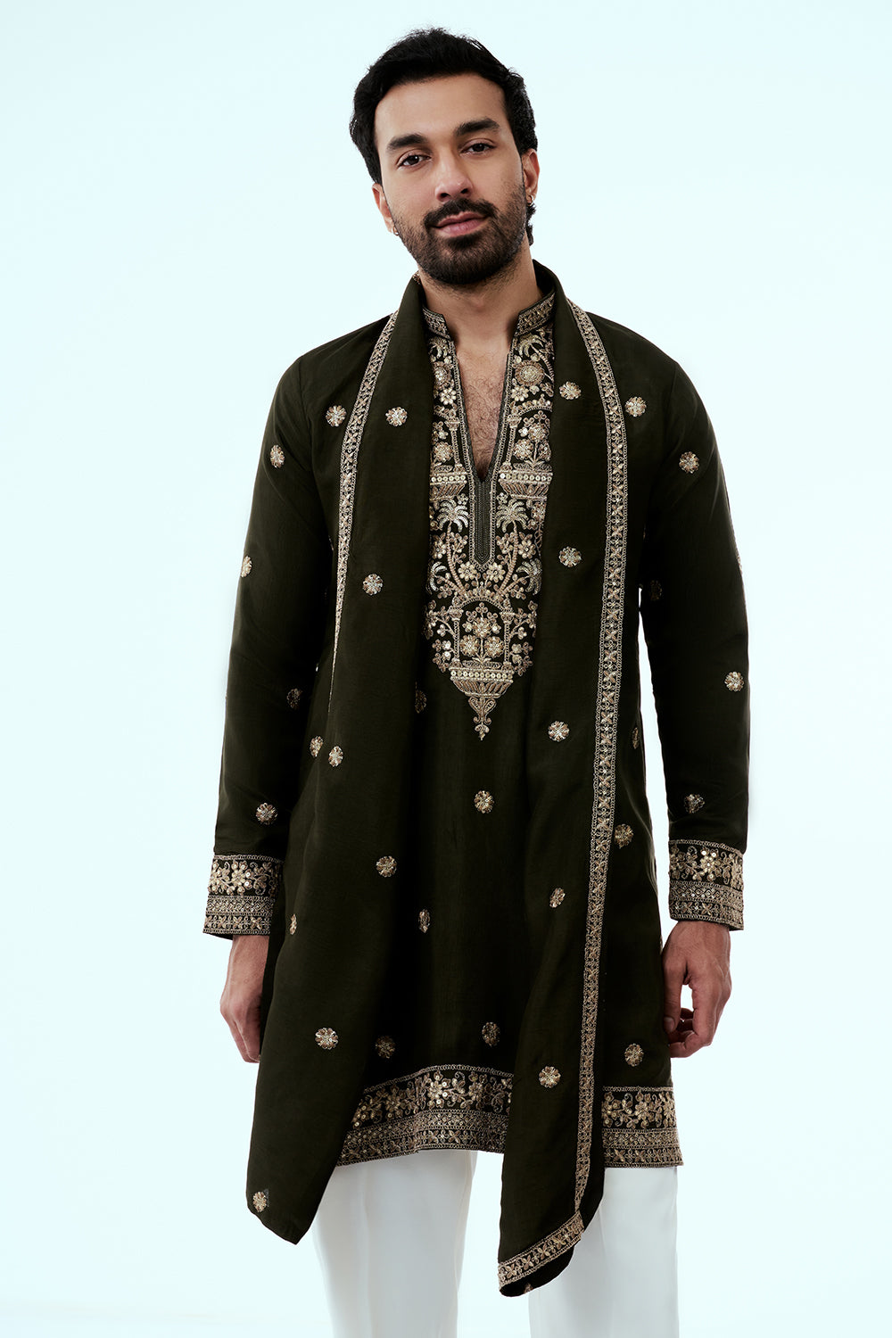 Olive Nokia Silk Mens Kurta Set with Mirror Work and Zari Embroidery