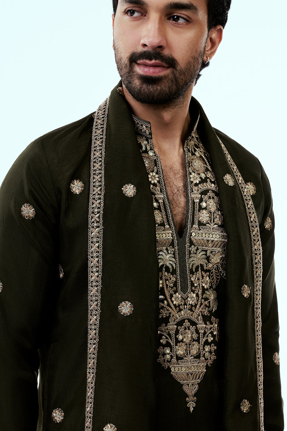 Olive Nokia Silk Mens Kurta Set with Mirror Work and Zari Embroidery