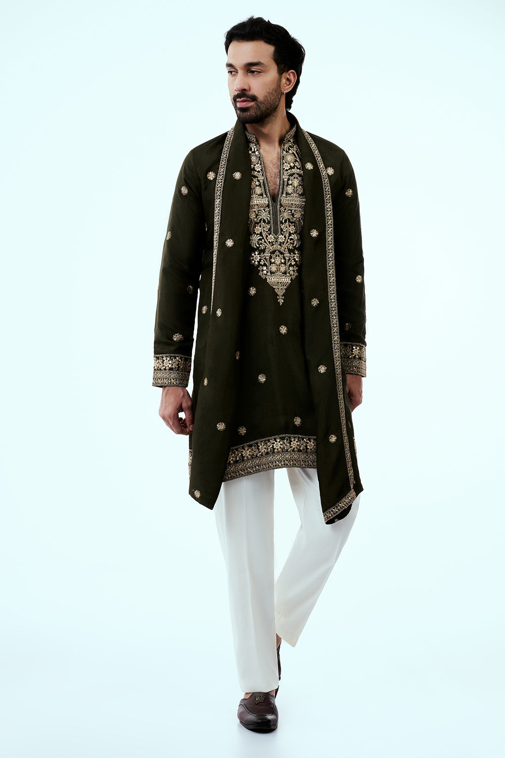 Olive Nokia Silk Mens Kurta Set with Mirror Work and Zari Embroidery
