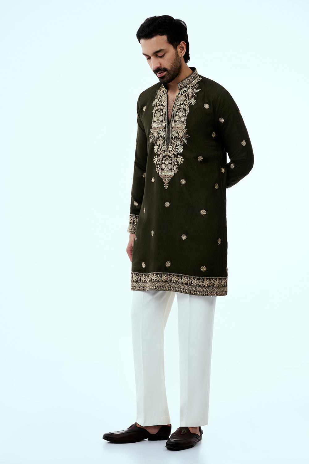 Olive Nokia Silk Mens Kurta Set with Mirror Work and Zari Embroidery