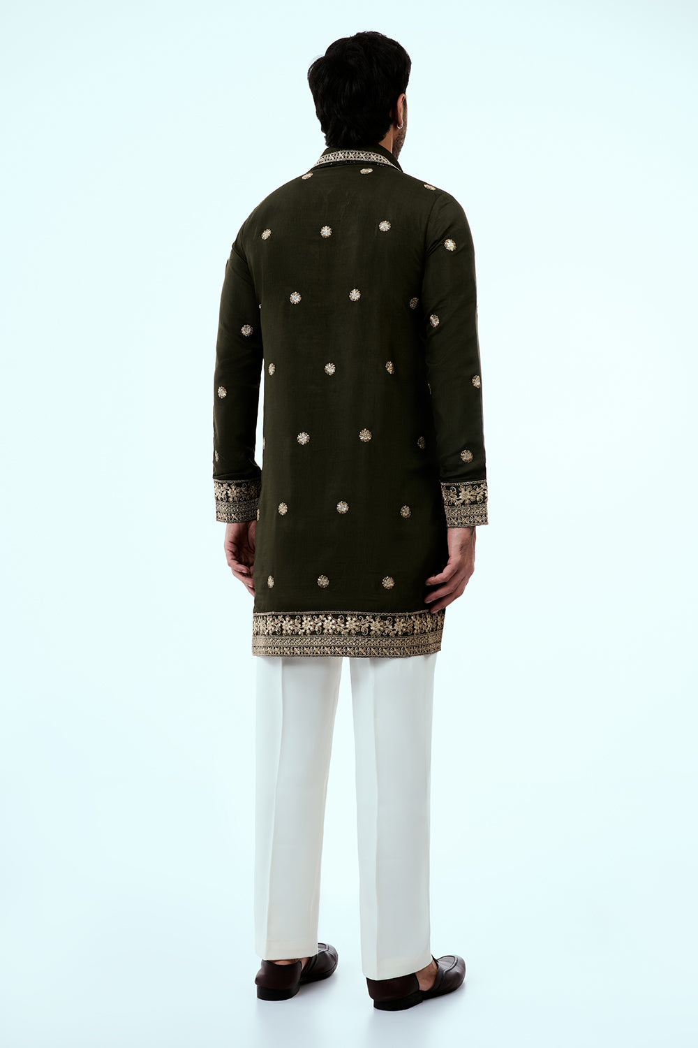 Olive Nokia Silk Mens Kurta Set with Mirror Work and Zari Embroidery