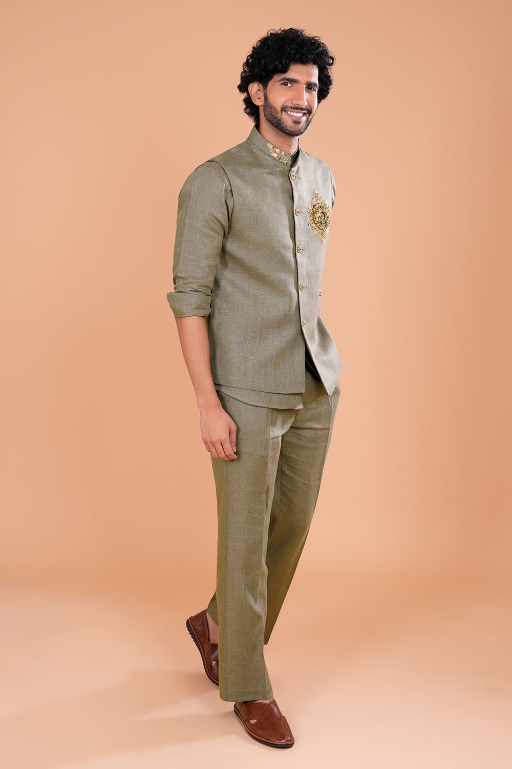 Olive Regal Crest Linen Men's Bundi Set